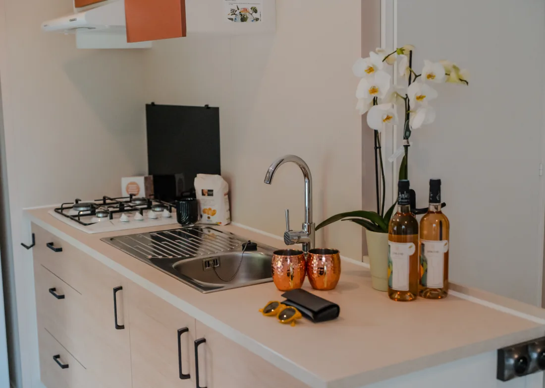 Cuisine équipée d'un mobil-home Premium